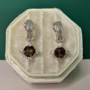Judith Ripka Sterling Silver Smoky Quartz & CZ Dangle Drop Omega Back Earrings
